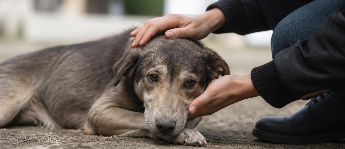 Main réconfortant un chien errant